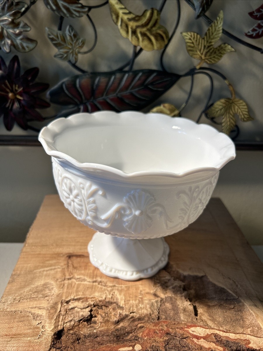 Vintage Large Pedestal White Milk GLASS Fruit Centerpiece Bowl