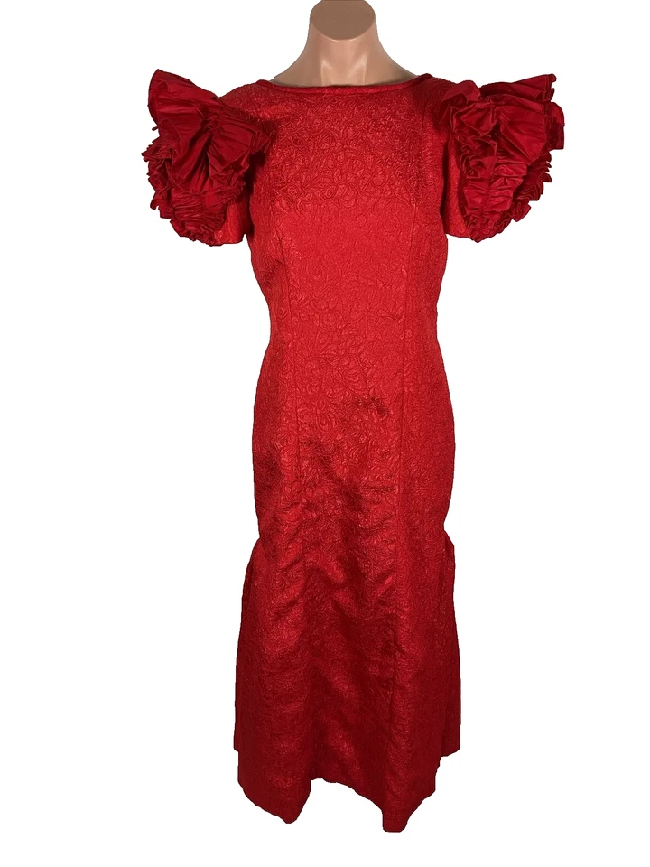 Vestido VICTOR COSTA Años 80 Rojo Sirena Noche 3D Mangas Hinchadas Tren De Colección 10 Foto 3 de 4