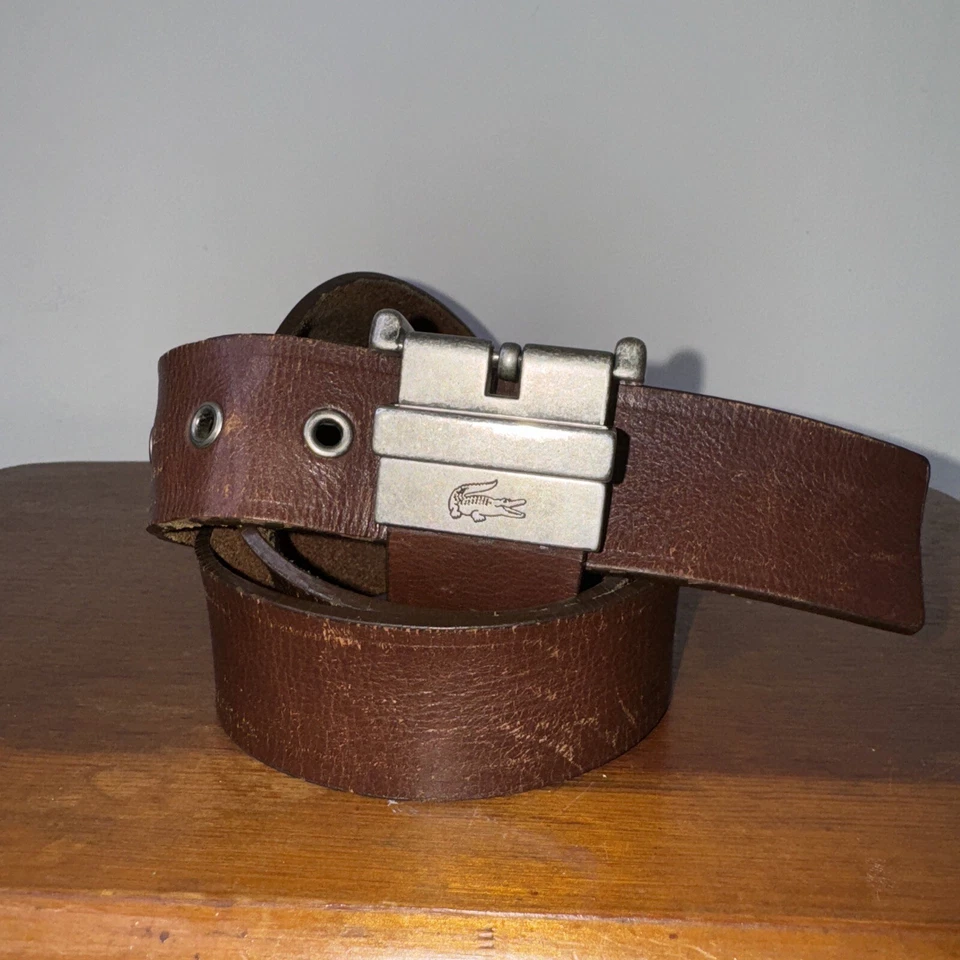 Vtg 90s LACOSTE Stamped Logo Brown Leather Belt Alligator Silver Buckle Y2K 40 - Image 2 of 4