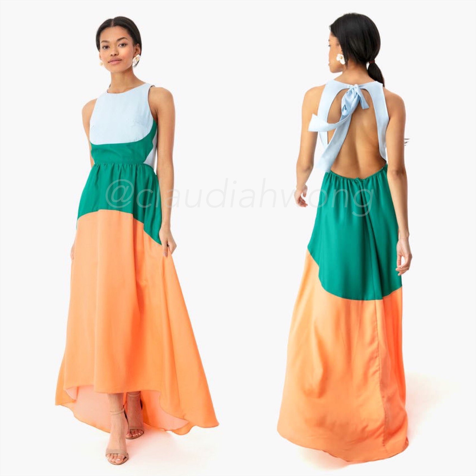 Rare TUCKERNUCK Colorblock Eden Backless Tie A Line Pocket Maxi Gown Dress Sz S