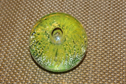 Art Glass Paperweight Green Color Yellow Weeping Flowers - Picture 5 of 10