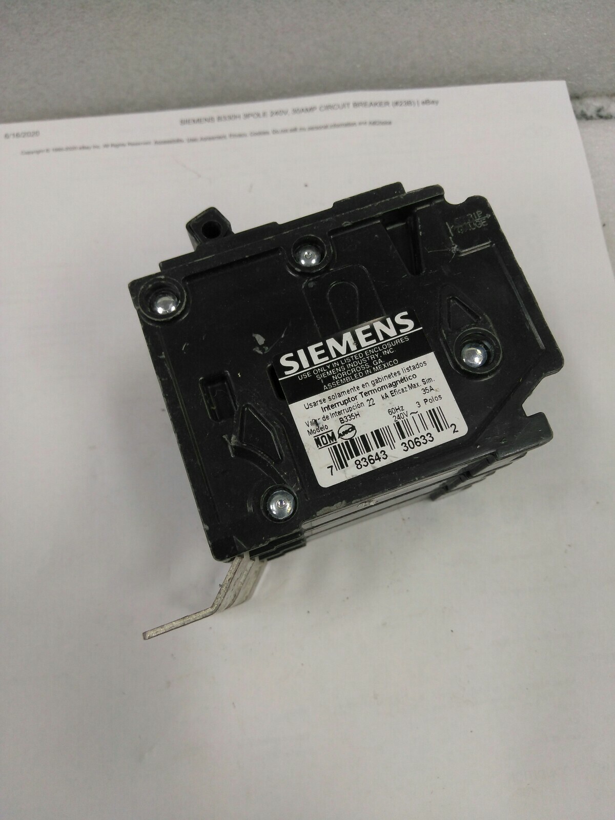 SIEMENS B335H , 35 AMP , 3 POLE , 240VA , 22KA , BLH , BOLT ON BREAKER