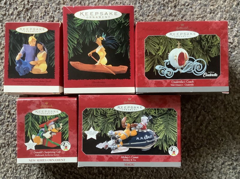 5-VTG Disney Hallmark Keepsake Ornaments. Pocahontas/Cinderella/Mickey-D2