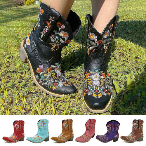 Damen Cowboystiefel Stickerei Cowgirl Western niedriger Block halbhoher Ritterstiefel - Bild 4 von 25