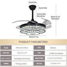 42" Retractable Ceiling Fan w/ Light & Bluetooth Speaker Dimmable LED Chandelier