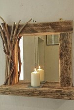 Driftwood farmhouse wall mirror with shelf and decorated frame