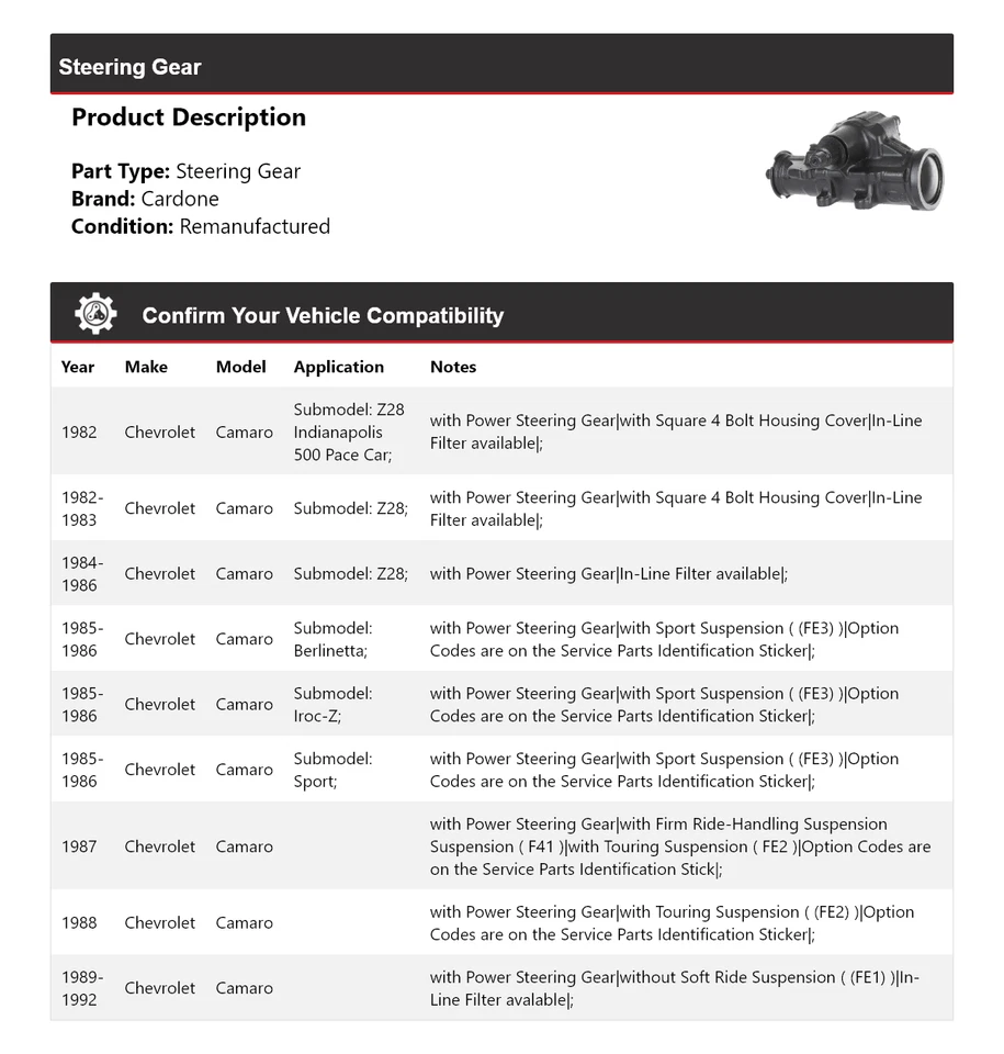 Engrenagem de direção Cardone 1983 1984 1985 1986 1987 Chevrolet Camaro 1982-1992 - Imagem 2 de 4