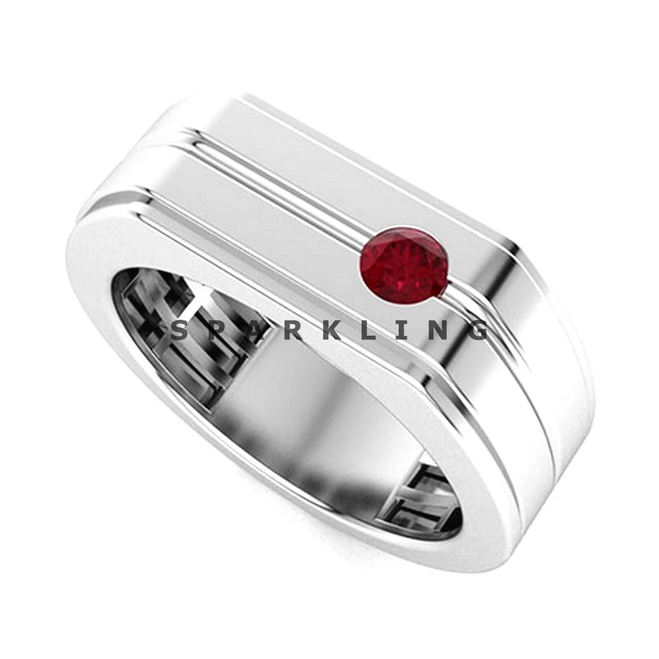 Piedras preciosas de corte redondo de rubí con anillo de plata de ley 925 para hombre #D760 Foto 3 de 4