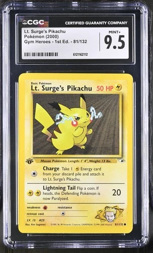 CGC 9.5 MINT+ Lt. Surge's Pikachu Gym Heroes 1st Edition 81/132 Pokemon Card