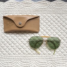 Vintage Ray-Ban Military Sunglasses Green Lenses Gold Metal Frame with Case