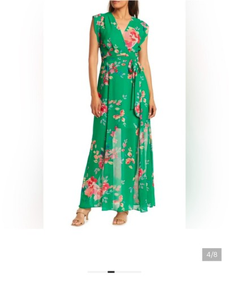 #ad Eliza J Wrap Maxi Dress Long Floral V Neck Sleeveless Zip Sheer 12 Green $25.00