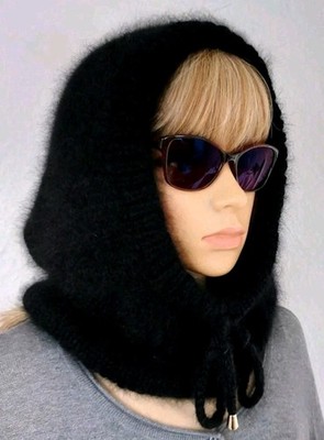 Knitted Angora Hood with ties, Knitted hood, Gestrikste Kapuze, Knitted Wool hat