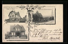 Postcard S�lbeck, colonial goods shop Heinr. F. Dehne, Church with War Memorial, G 