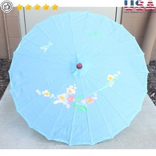 Light Blue Floral Wood Bamboo Nylon Parasol Outdoor Umbrella Decoration Gift New