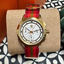 NEW TORY BURCH The Tory Chronograph White Dial Two Tone NATO Strap Watch TBW1036