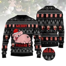 Unisex Pig Christmas Sweater Funny Merry Pigmas Holiday Knit Pullover S  5XL