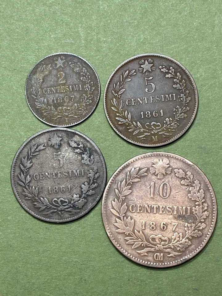 Lot of 4 Old Italy Centesimi coins, 1867T 2c, 1861N 5c, 1861M 5c, 1867OM 10c - Image 2 of 2