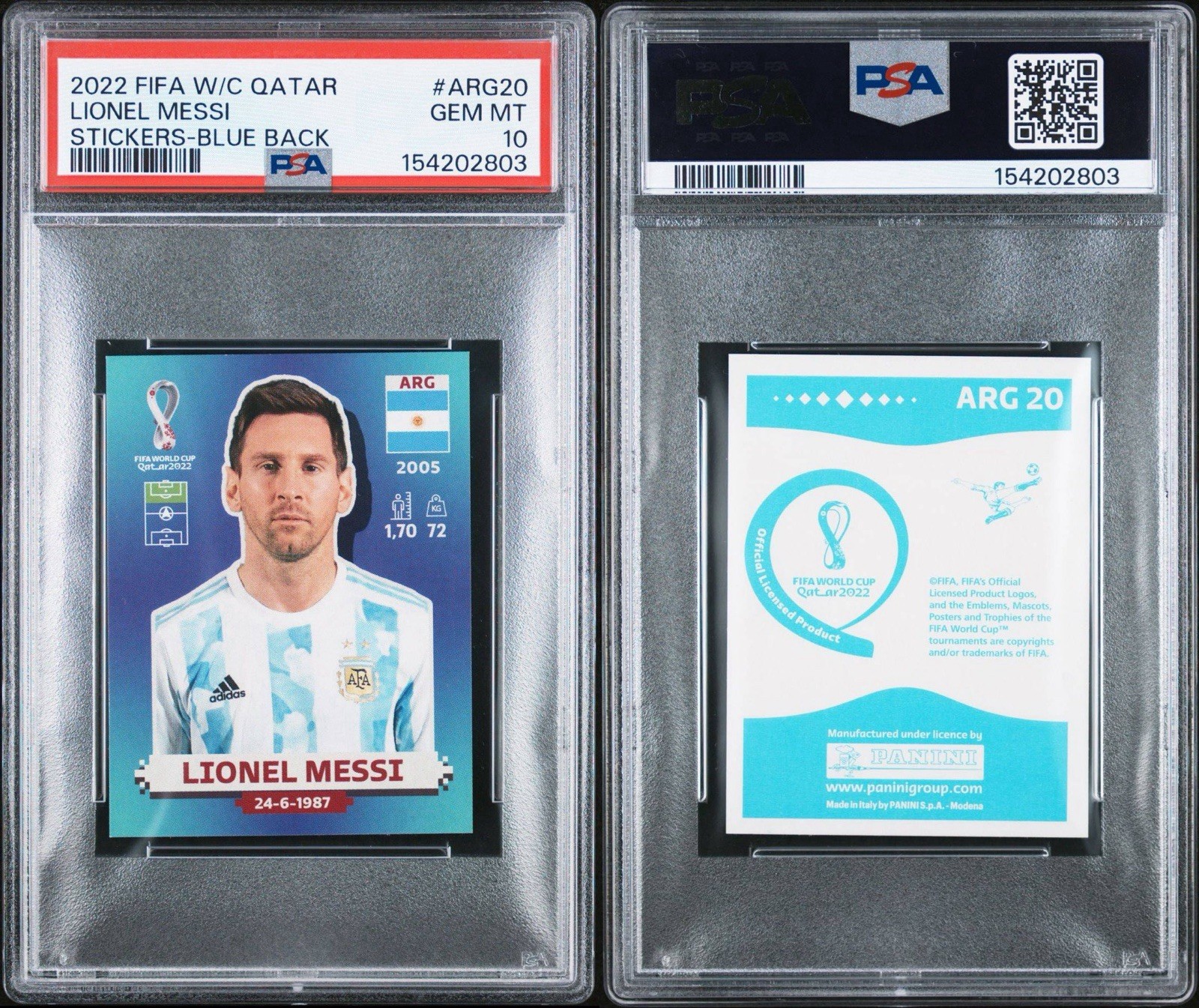 2022 Fifa World Cup Qatar Lionel Messi ARG20 Blue Back PSA 10 view 3