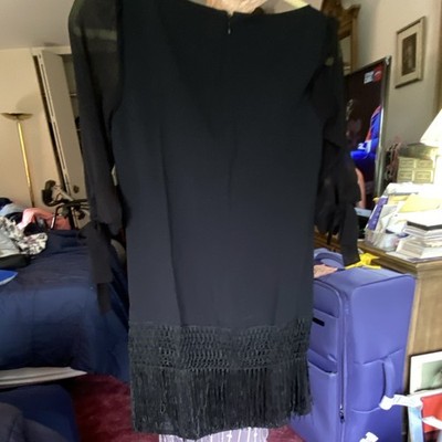 iBlues Black Chiffon Pencil Dress 3/4 Sleeve Fringe Hem Round Neck Zip 2