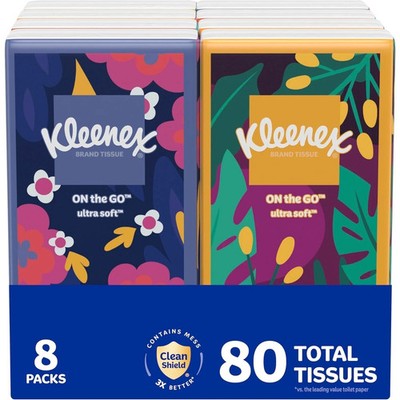 8 Kleenex On-The-Go Pocket 10 Facial Tissues per pack  3-Ply 80 Tissues Total