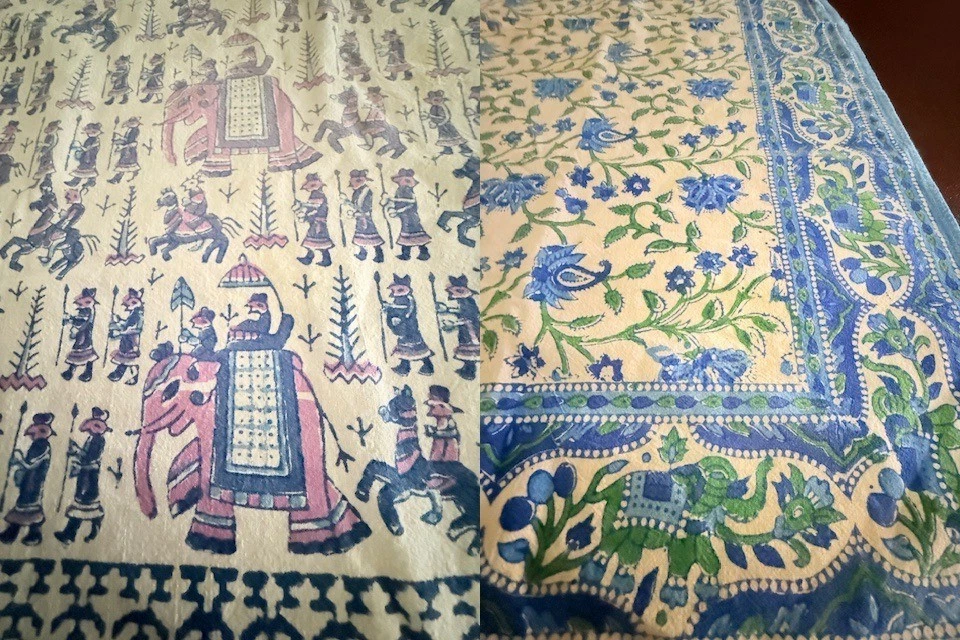 Vintage Hand Block gedruckt Tischdecke Menge 2 Sanganeri Elefanten & Blumen Baumwolle