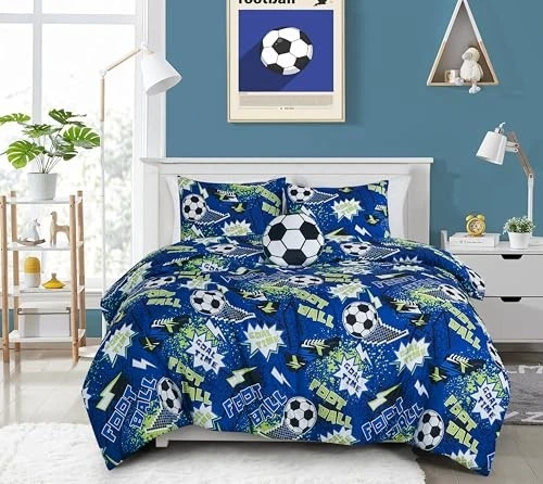 Ropa de cama de fútbol para niños de 4 piezas completa/azul reina/verde/blanco fútbol Foto 3 de 4