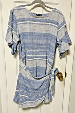 Express Chambray Linen/Cotton Striped Blue White Wrap Dress Size XL