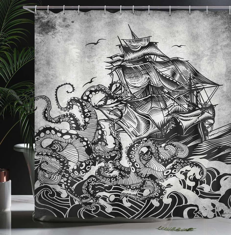 Juego de Cortinas de Ducha Náuticas Ambesonne con 12 Ganchos Tema Océano Baño Monocro Foto 3 de 4