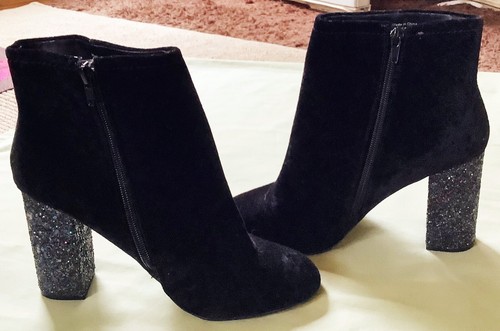 Womens Black Velvet Texture High Heel Bling Multi Crystal Boots Zip Up FANCY 8.5 - Picture 3 of 10