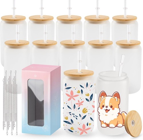 12 Vasos de Vidrio Esmerilado para Sublimación con Tapa, Popote y Caja Regalo - Imagen 1 de 8