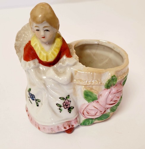 Vtg Grandmother Planter Vase Lady Sitting Figurine Roses Hand Painted Japan - Picture 3 of 12
