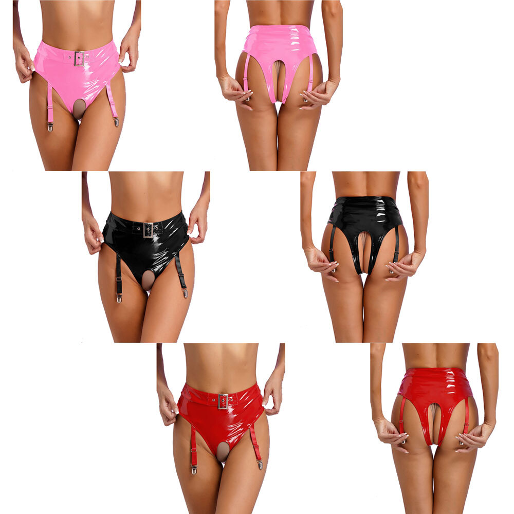 Metallic Leather Open Crotch Thong Bodycon Underwear for Women