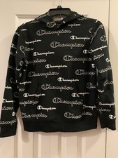 Champion All Over Logo Print Pullover Hoodie Boys Large Sweatshirt Black