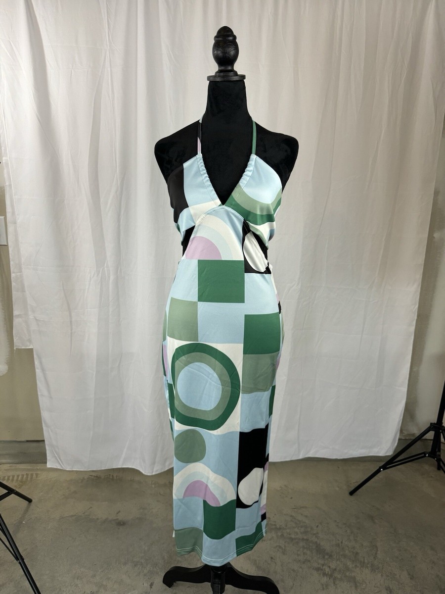 NWT Strapless Block Print Backless Cutout Halter Dress Sz Large
