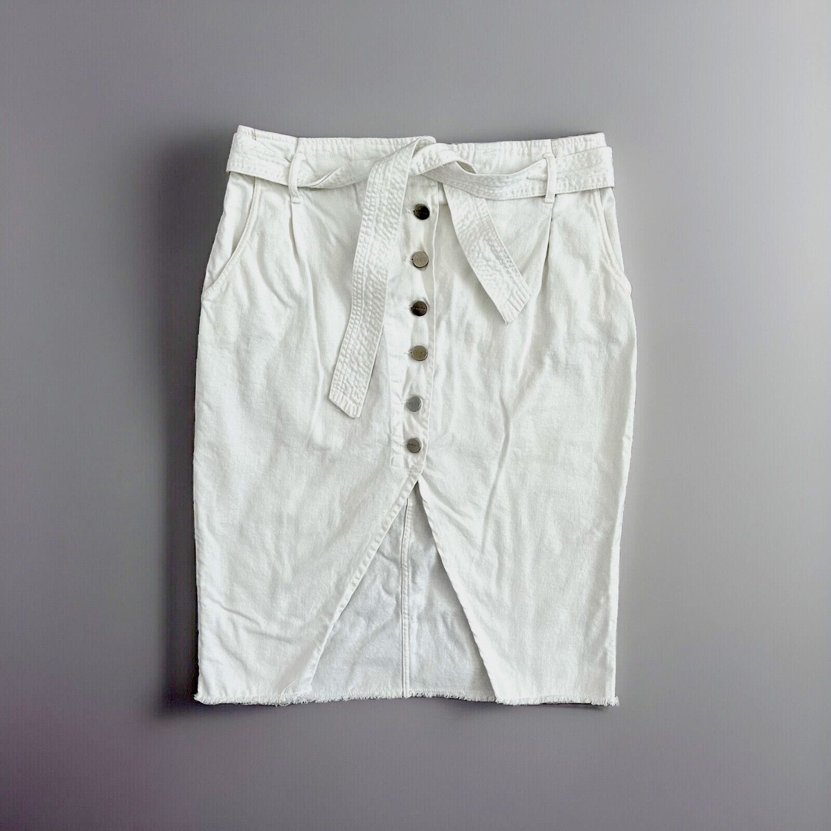 Zara Womens Large High Waisted White Midi Denim Jean Skirt Button Front Slit