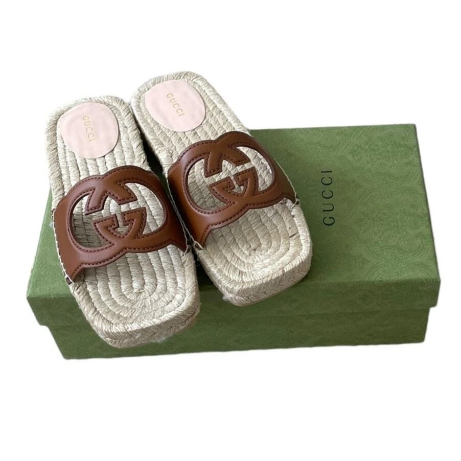 Sandales espadrille GUCCI Iverlocking G cuir découpé marron taille 37,5 NEUVES