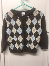 Gymboree 18-24 mos. Brown Cardigan Sweater With Blue And Cream Argyle Front.