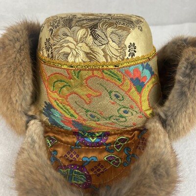 Antique VTG Tibetan Fur Trim Brocade Hat Handmade Colorful  display picture 3