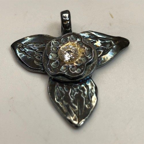 Layered Dark Metallic Clay Pendant Rhinestone Center Textured Dark Hand Made