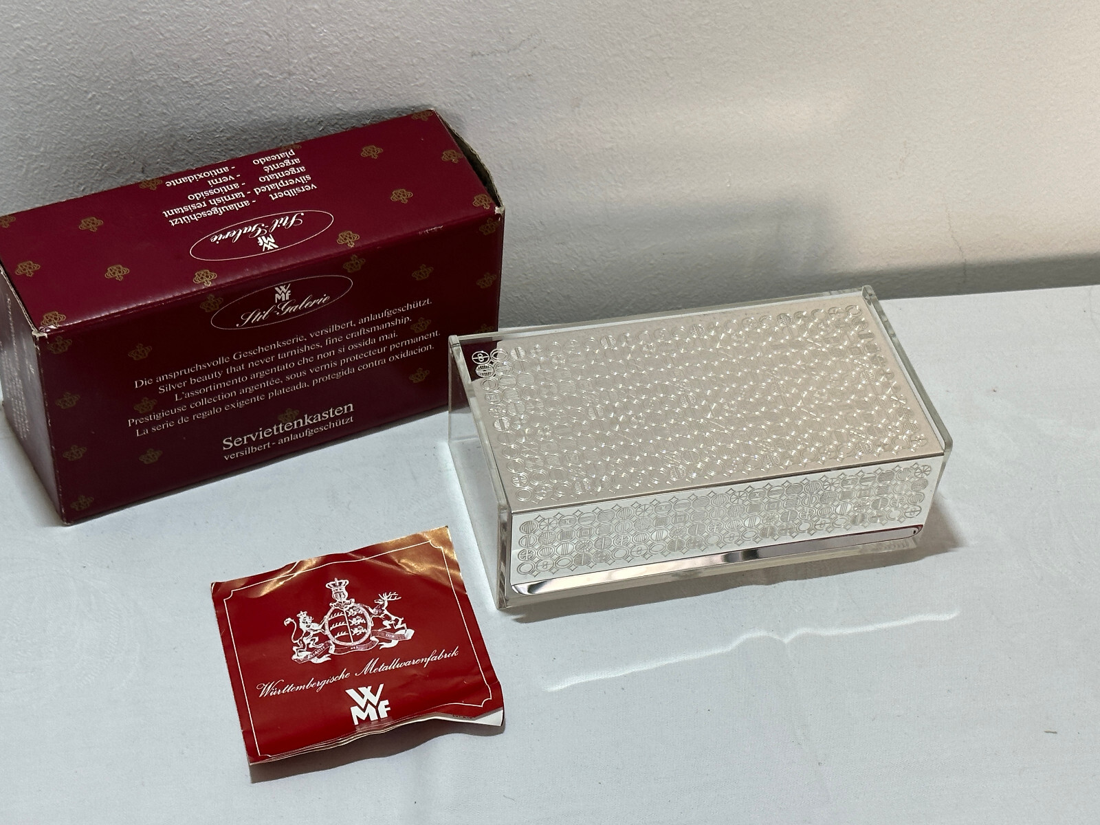 WMF Servietenkasten Box Deckel versilbert Plexiglas mit DFB Logo im Deckel