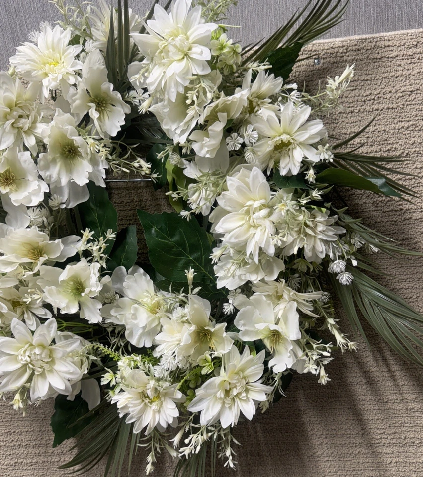  Spring Door Wreath 22-24" White Dahlia Chrysanthemum Floral Wedding Decor - Image 3 of 4