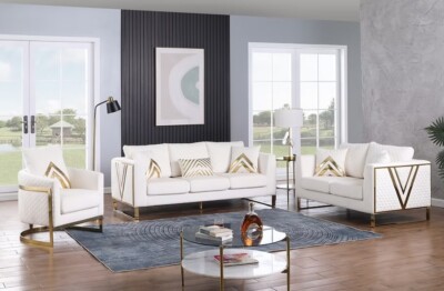 NEW 3PC Cream Gold Sofa Loveseat Chair Contemporary Luxe Glam Velvet Living Room