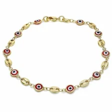 14K GOLD PLATED 10" ANKLET WITH RED EVIL EYES & PUFFED MARINER LINKS M482