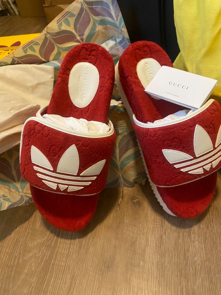 サンダル adidas x Gucci Monogram Slide Red NEW Gucci x Adidas GG monogram Red logo slide sandals (GG 9