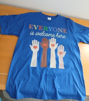 Everyone is Welcome Here Diversity Adult T Shirt L Large Blue Hands with Hearts