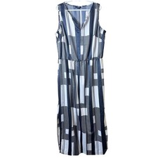 CHAPS Geometric Blouson Light Maxi Dress Sleeveless Side Slits Navy White 18W