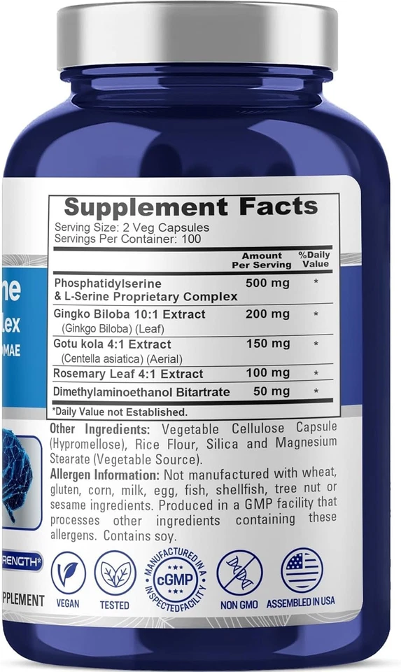 Phosfatidilserine Memory Ultimate Complex 1000 mg 200 cápsulas (vegano, sin OGM) Foto 3 de 4