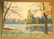 SCUOLA FRANCESE XIX DISEGNO ACQUERELLO PAESAGGIO LACUSTRE FIUME ALBERI 1900