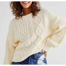 Free People Dream Cable Knit Oversized Chunky Sweater Pullover Size S Cream Crew