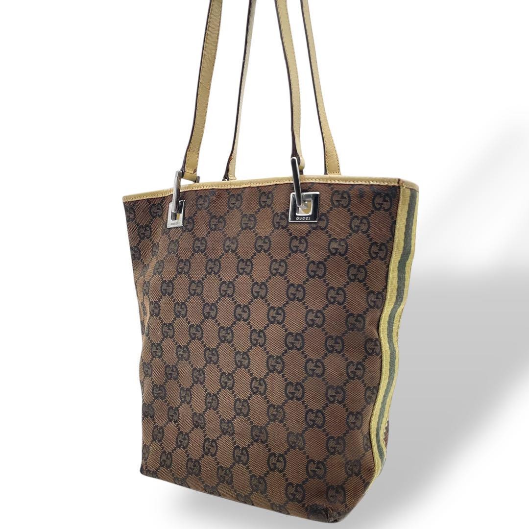 Gucci GG Canvas Tote Bag Dark Brown Leather Trim Handbag New